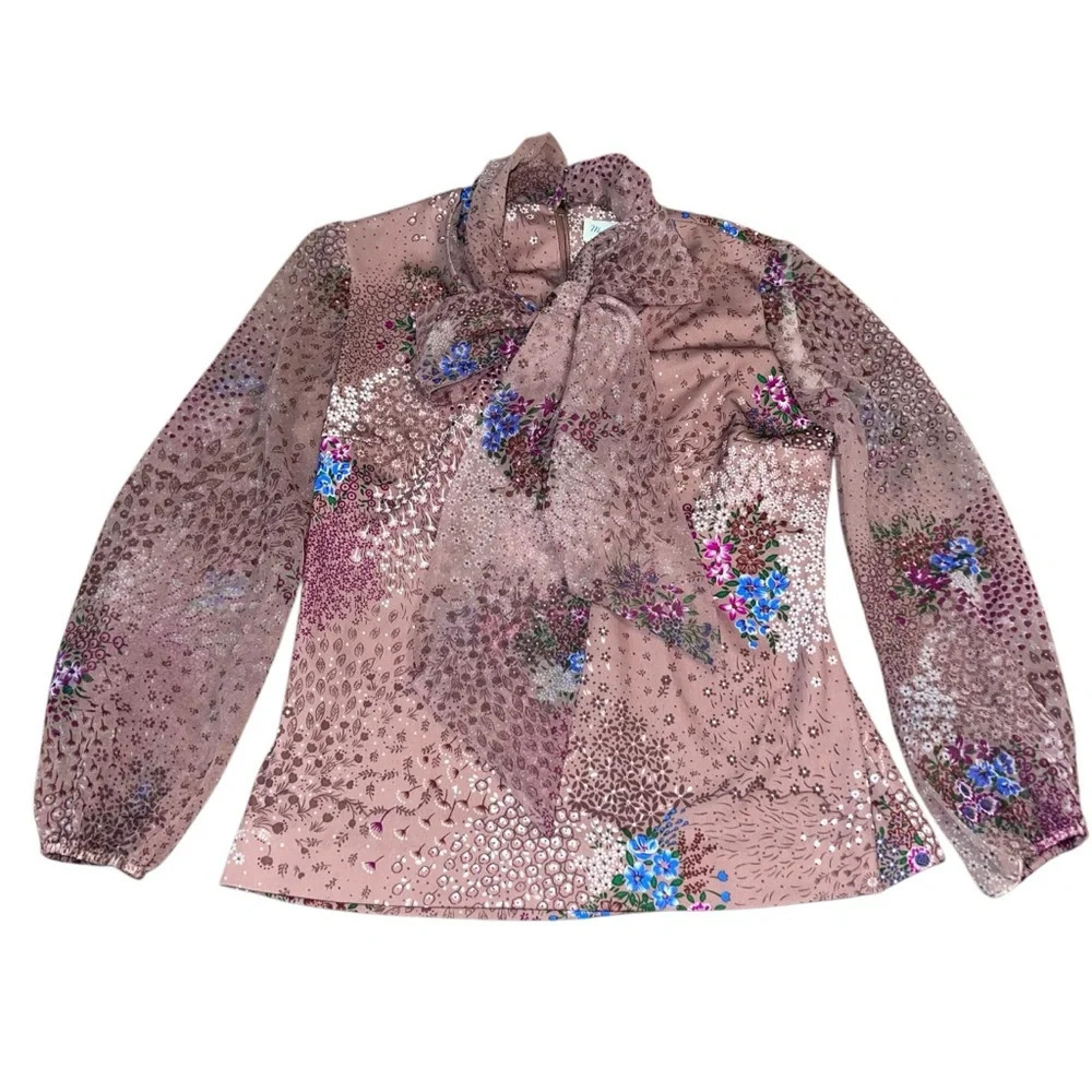 Vintage 60's Floral Polyester PussyBow Blouse Size 10‎